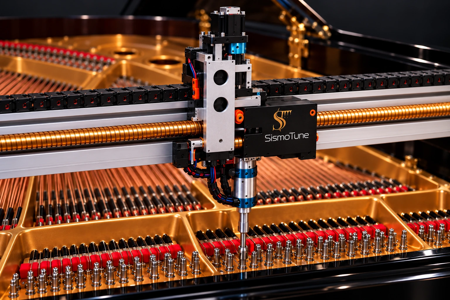 Concept visualisation of the SismoTune motorised head on its rail-mounted carriage, lowering a tuning key onto a tuning pin of a grand piano.