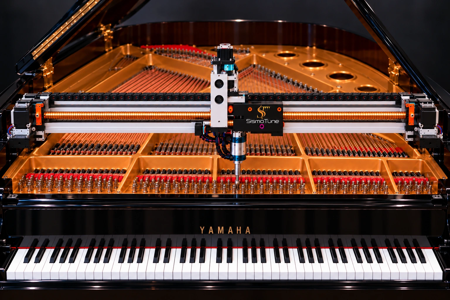 Concept visualisation of the SismoTune automated tuner on a grand piano: two rails, a central lead screw and a motorised head descending onto the tuning pins.